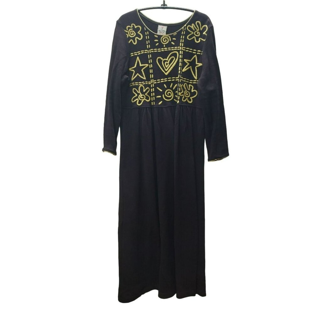 Vintage Long Sleeve Jumper Dress, Black & Gold, Maxi, Large, Cotton, Grannycore